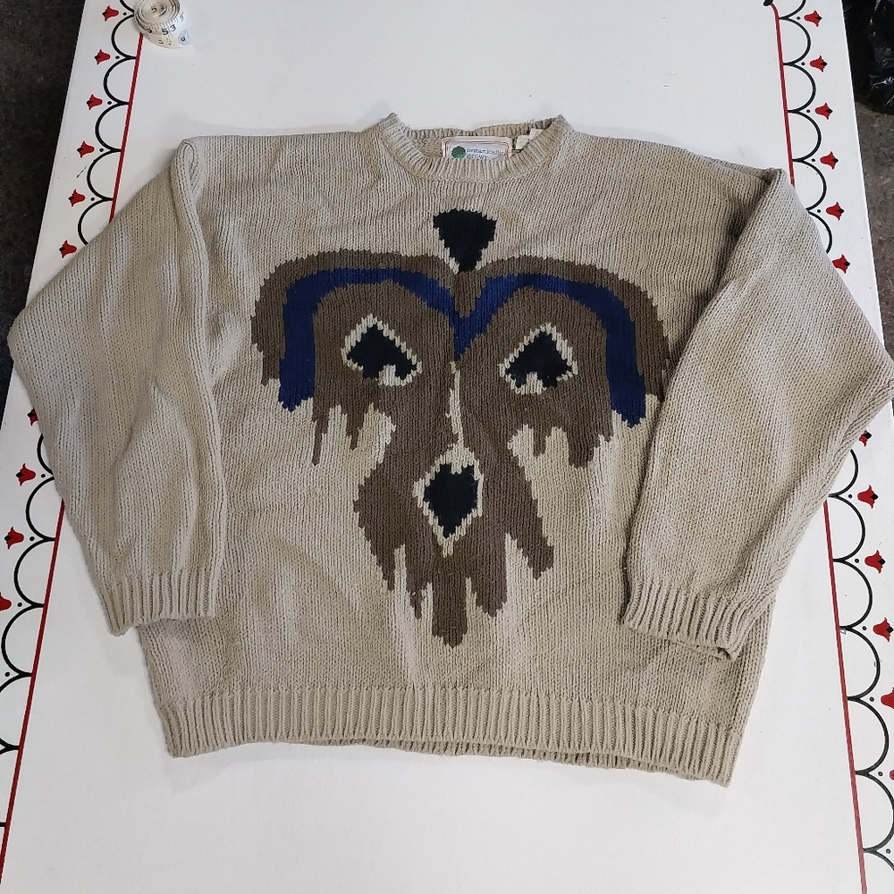 Vtg. Organically Grown Beige Sweater with Blue and Brown Pattern